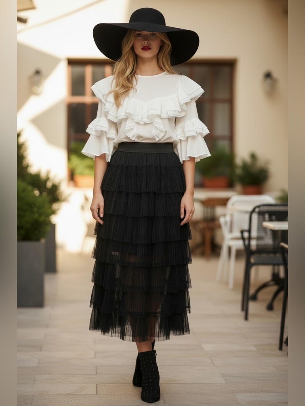 Elan Black Tiered Tulle Midi Skirt